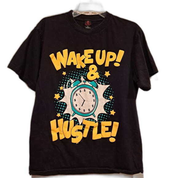 Wake Up! & Hustle! black t-shirt 100% cotton clock unisex size M retro 80s style - Picture 1 of 4